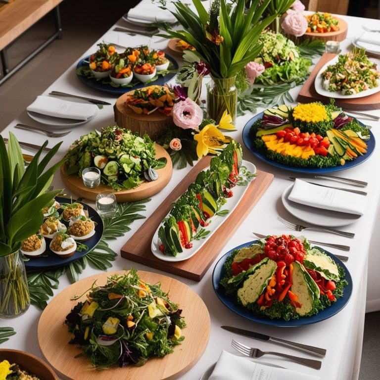 Buffet végétarien et vegan élégant avec une variété de plats colorés et sains, présenté par un traiteur spécialisé dans les événements durables