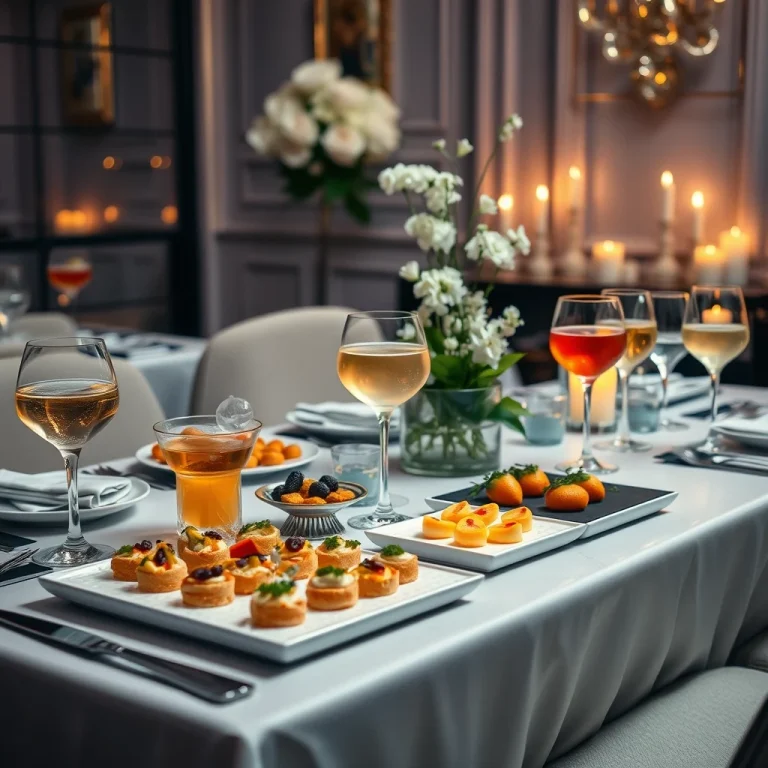 Cocktails et bouchées délicates sur une table élégante pour une réception