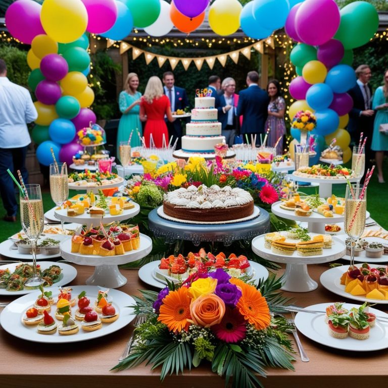 Table d'anniversaire avec gâteau et décorations à Le Havre, par un traiteur