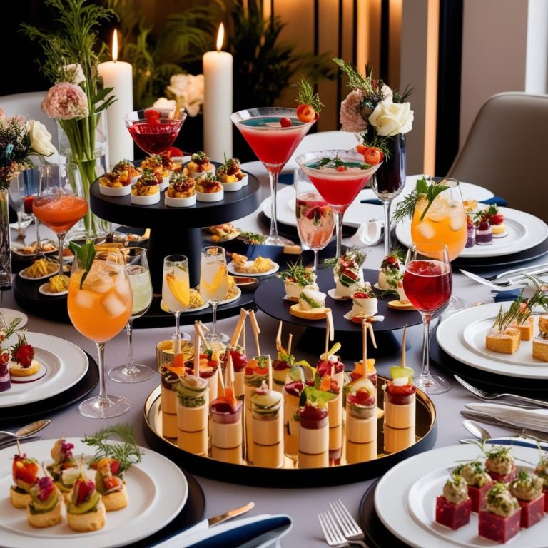 Buffet de cocktails dinatoires avec plats gourmets et décor moderne