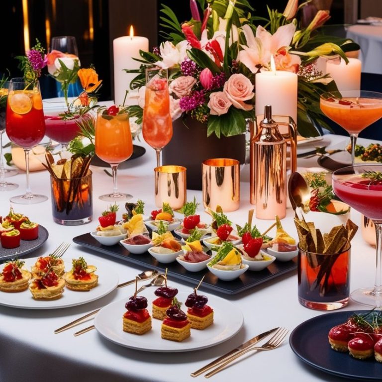 Table décorée avec des cocktails et des amuse-bouches pour une soirée élégante