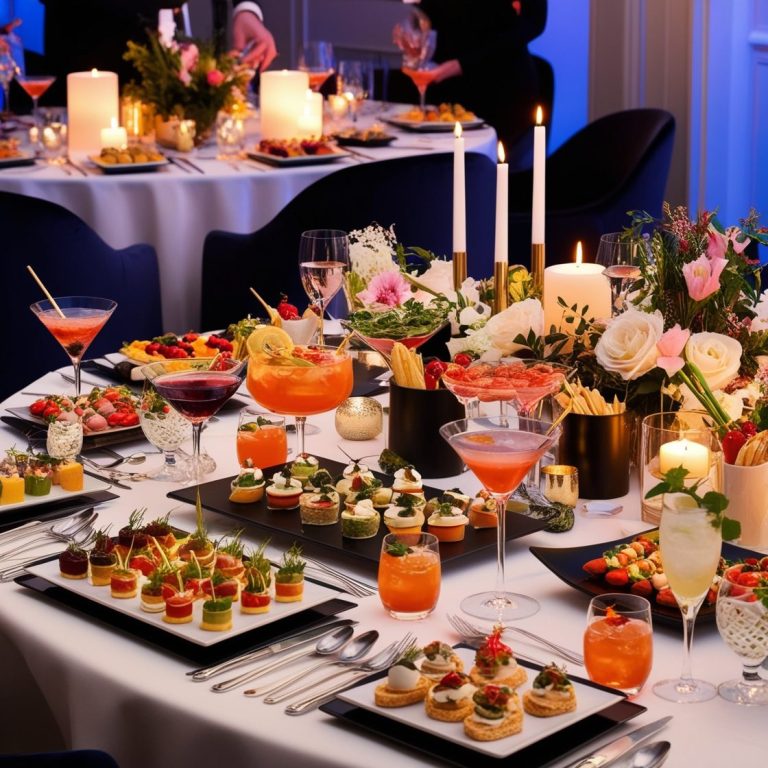 Table élégamment dressée pour un cocktail dinatoire avec amuse-bouches